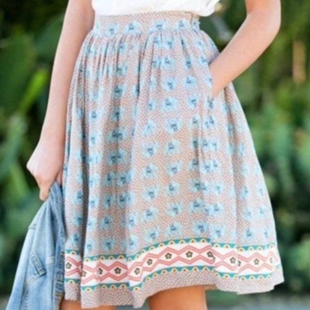Comme Toi Womens Elephant Print Pleated Boho Midi Skirt Large Bohemian Hippie